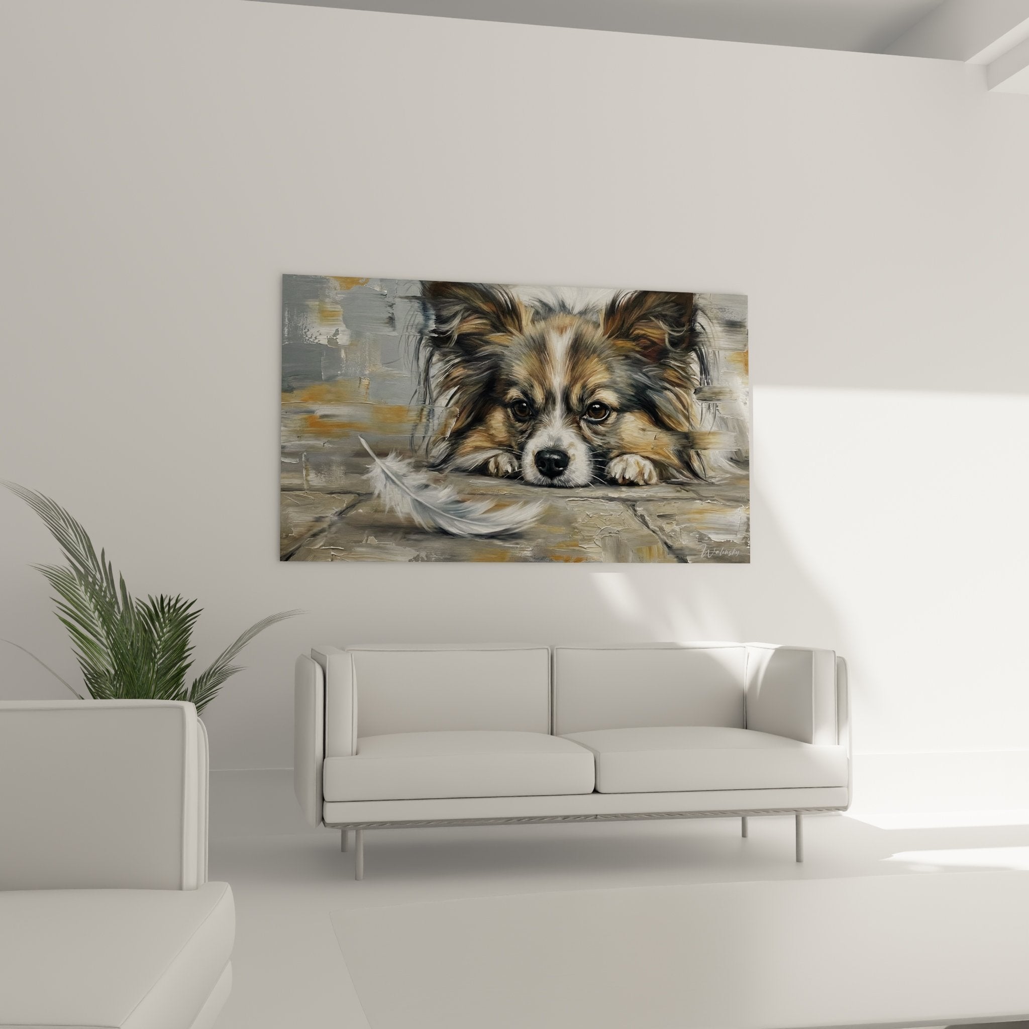 Close-up portrait of papillon dog with expressive eyes, golden and brown coat, realistic painting technique