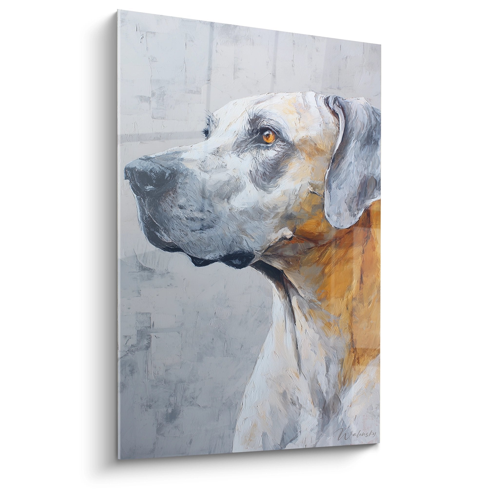 Portrait de profil d'un chien Rhodesian Ridgeback aux tons beiges et gris, regard contemplatif ambré, peinture réaliste