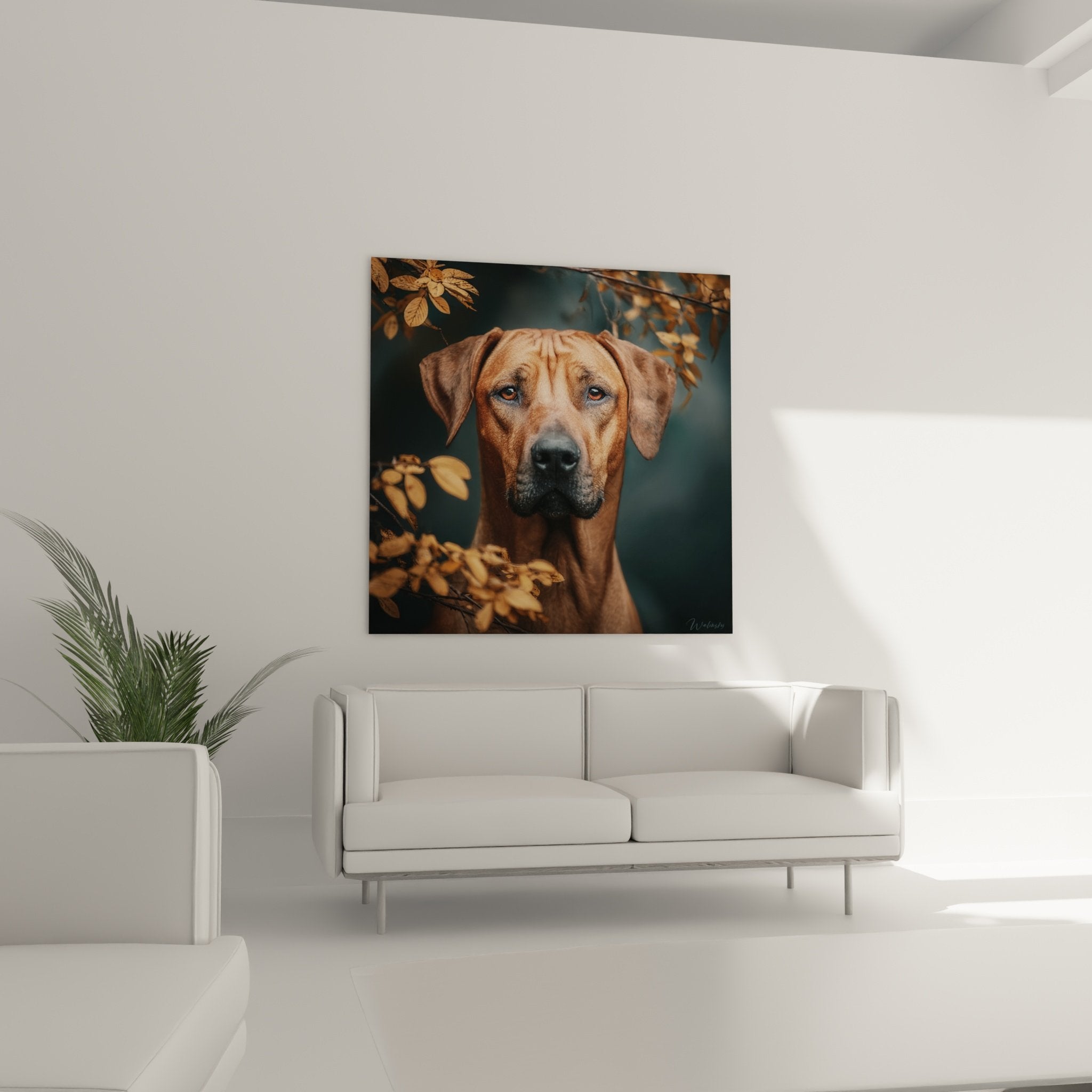 Gros plan sur les yeux ambrés expressifs du Rhodesian Ridgeback dans feuillage doré du tableau