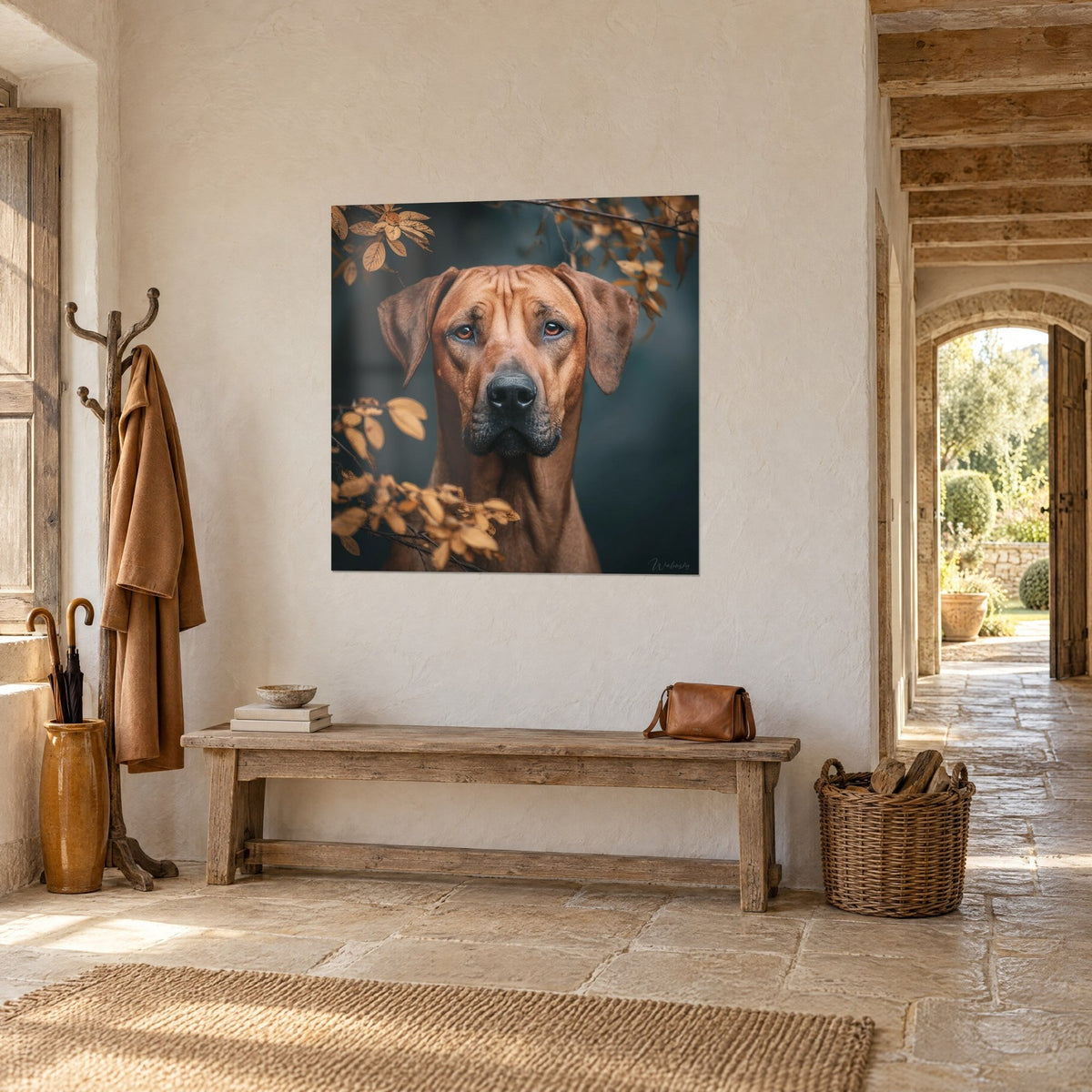 Πίνακας Rhodesian Ridgeback με κατσούφιασμα μετώπου, μαύρο μουσούδι, ώχρα κλαδιά φύλλων σε γκριζομπλε φόντο, πέτρινος τοίχος και ξύλινο παγκάκι