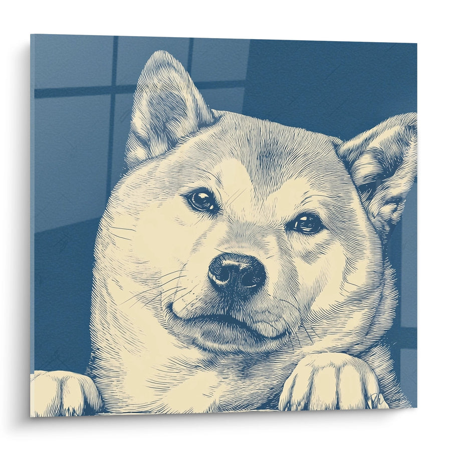 Red Dog Portrait Painting Blue and Cream - Benevolent Gaze - Shiba Inu Edition