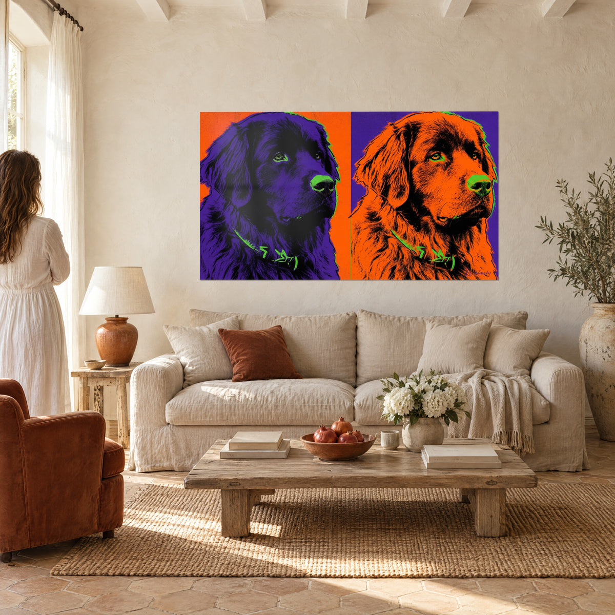 Πίνακας σκύλου Νιούφαουντλαντ σε στιλ pop art, με βαθύ μωβ τρίχωμα και έντονο πορτοκαλί φόντο, απέναντι σε γυναίκα από πίσω, πάνω από καναπέ σε φωτεινό σαλόνι