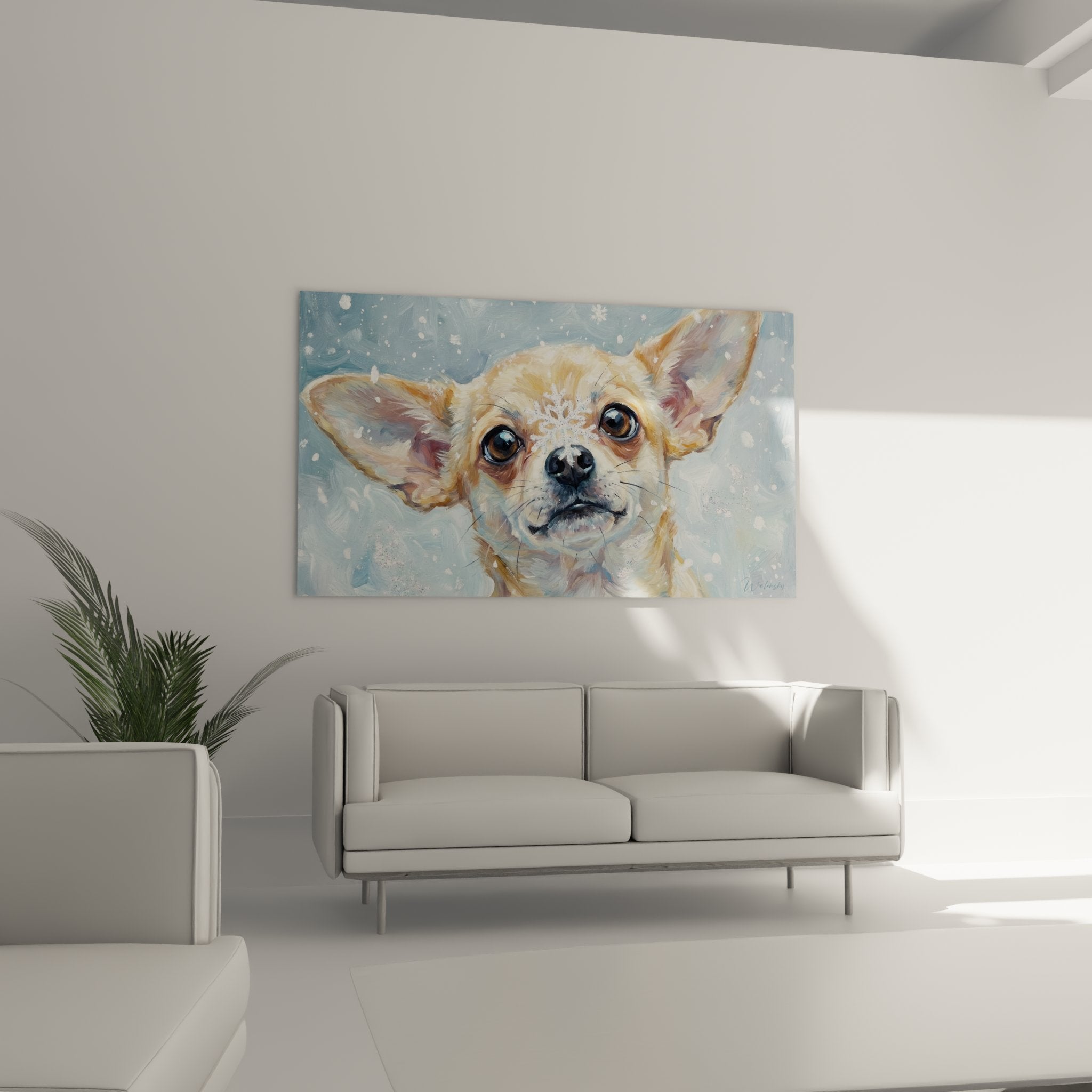 Gros plan portrait chihuahua pelage creme yeux bleus expressifs flocons neige details artistiques