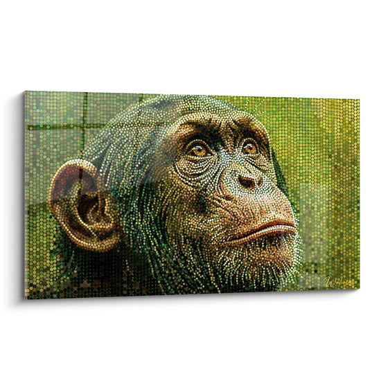 Portrait Mosaik Gemälde Gold und Grün Expressiver Blick - Goldene Kontemplation - Schimpansen Edition