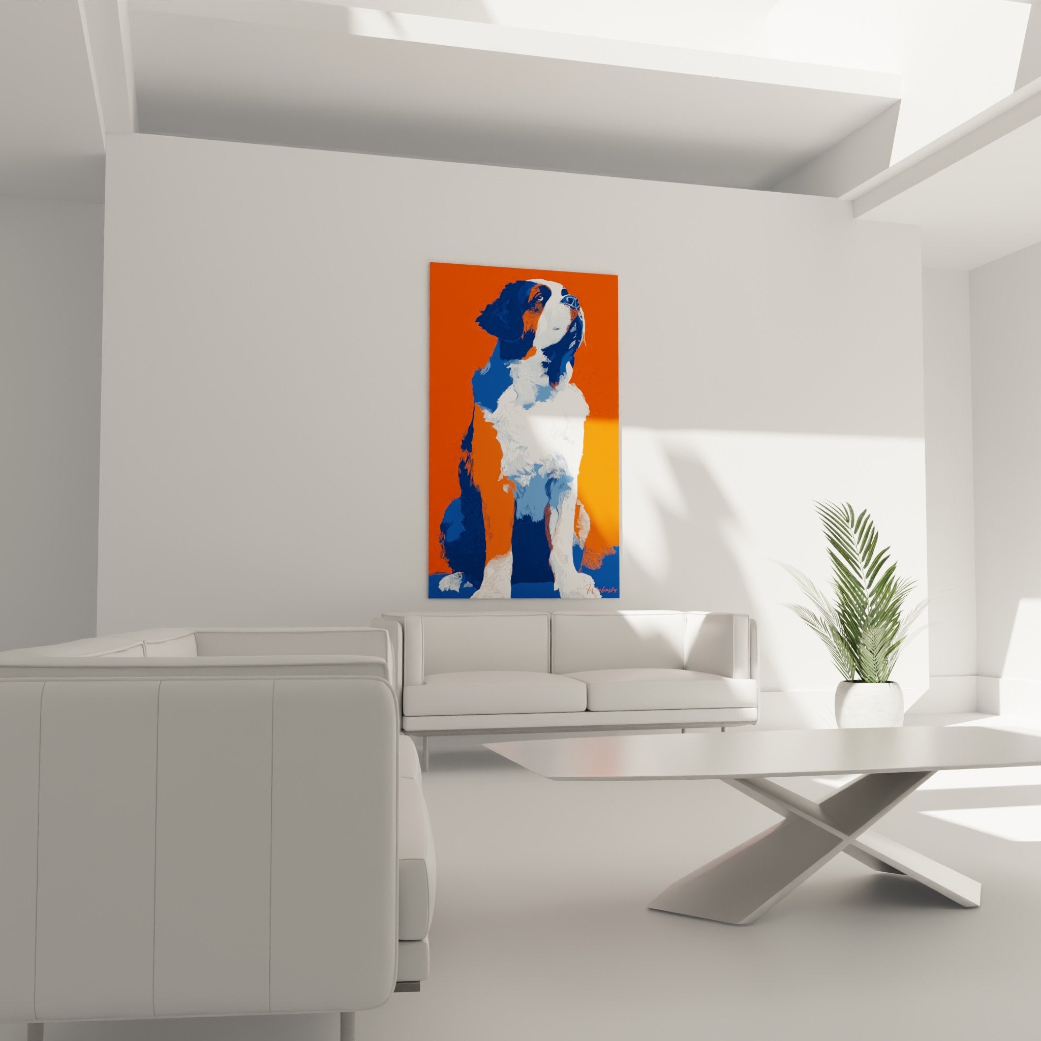 Gros plan portrait chiot Saint Bernard tricolore style pop art moderne détails pelage