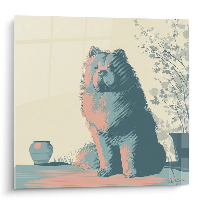 Sitting Dog Painting Blue and Pink Tones - Serene Portrait - Chow Chow Edition