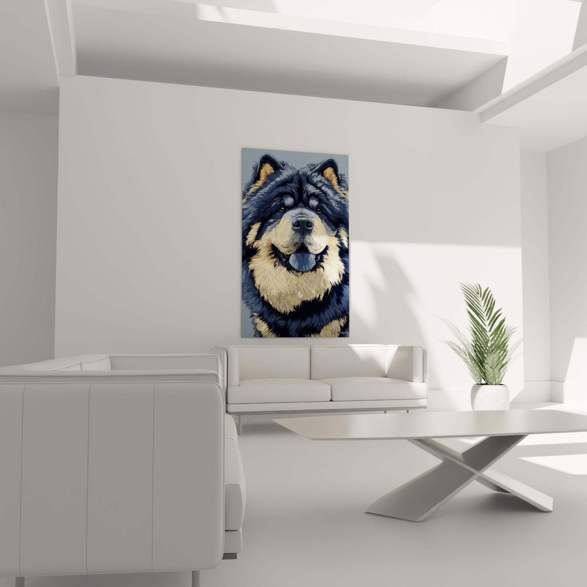 Gros plan portrait Chow Chow yeux ambres pelage texture detaillee nuances bleu dore