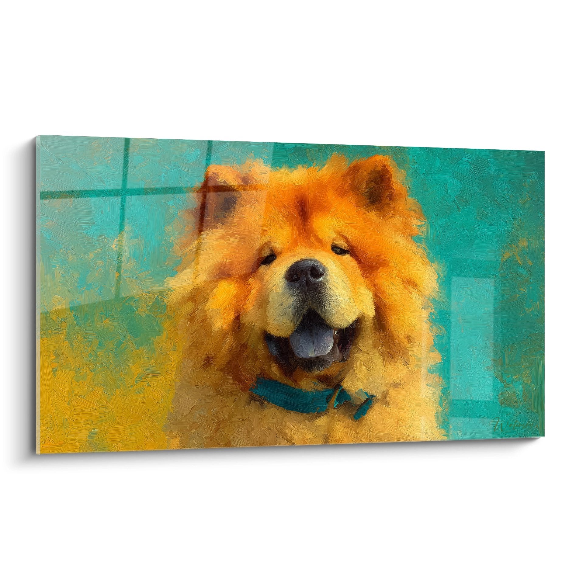 Portrait peint de Chow Chow roux souriant avec collier turquoise sur fond dégradé bleu-vert