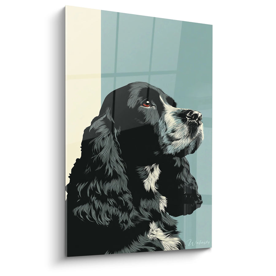 Obraz Cocker Spaniel Czarny i Biały z Akcentami Turkusowymi - Portret Kontemplacyjny - Edycja Cocker Amerykański