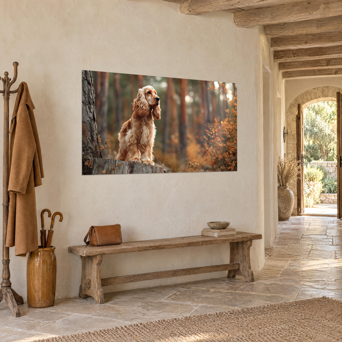 Schilderij van een hond met lange golvende oren, vacht in honing- en roomtinten, achtergrond van bruine boomstammen, driekwartaanzicht in een stenen gang