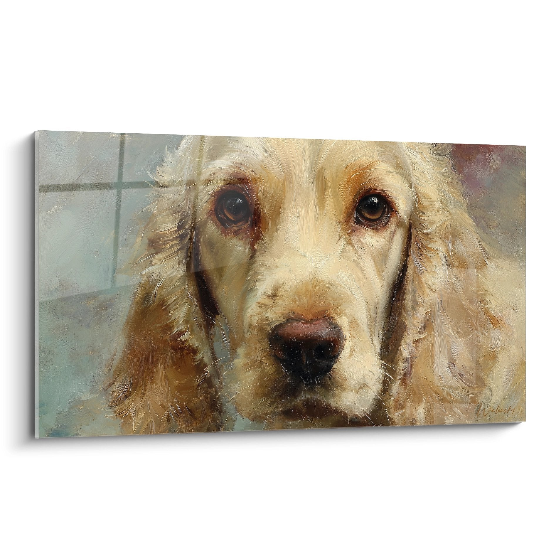 Portrait artistique de Cocker Américain aux tons dorés avec regard mélancolique et expressif sur toile