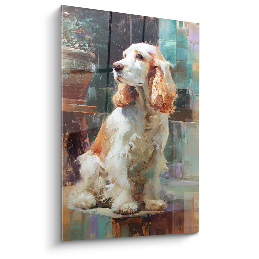 Obraz Cocker Spaniel Czerwony i Biały Siedzący na Taborecie - Kontemplacyjny Portret - Edycja Cocker Amerykański