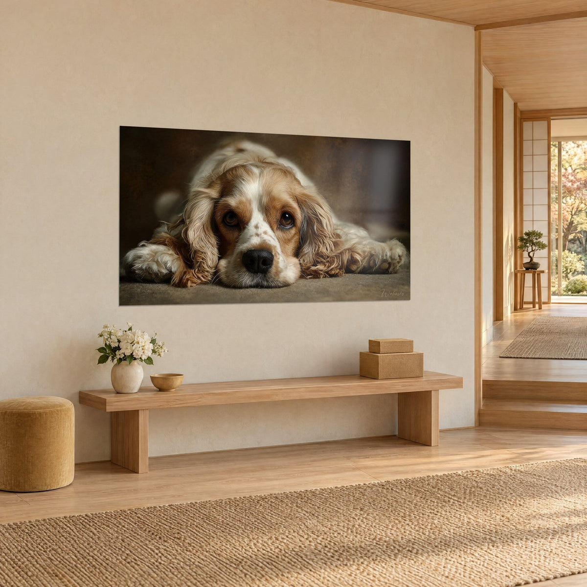 Tableau chien aux yeux noisette et truffe noire, pelage miel et crème sur fond brun patiné, mur beige, banc en bois clair