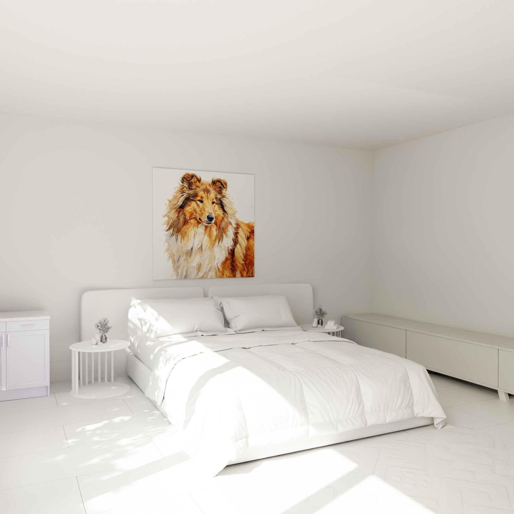 Tableau portrait de Collie aux tons dores accroche au-dessus d'un lit dans une chambre moderne et chaleureuse