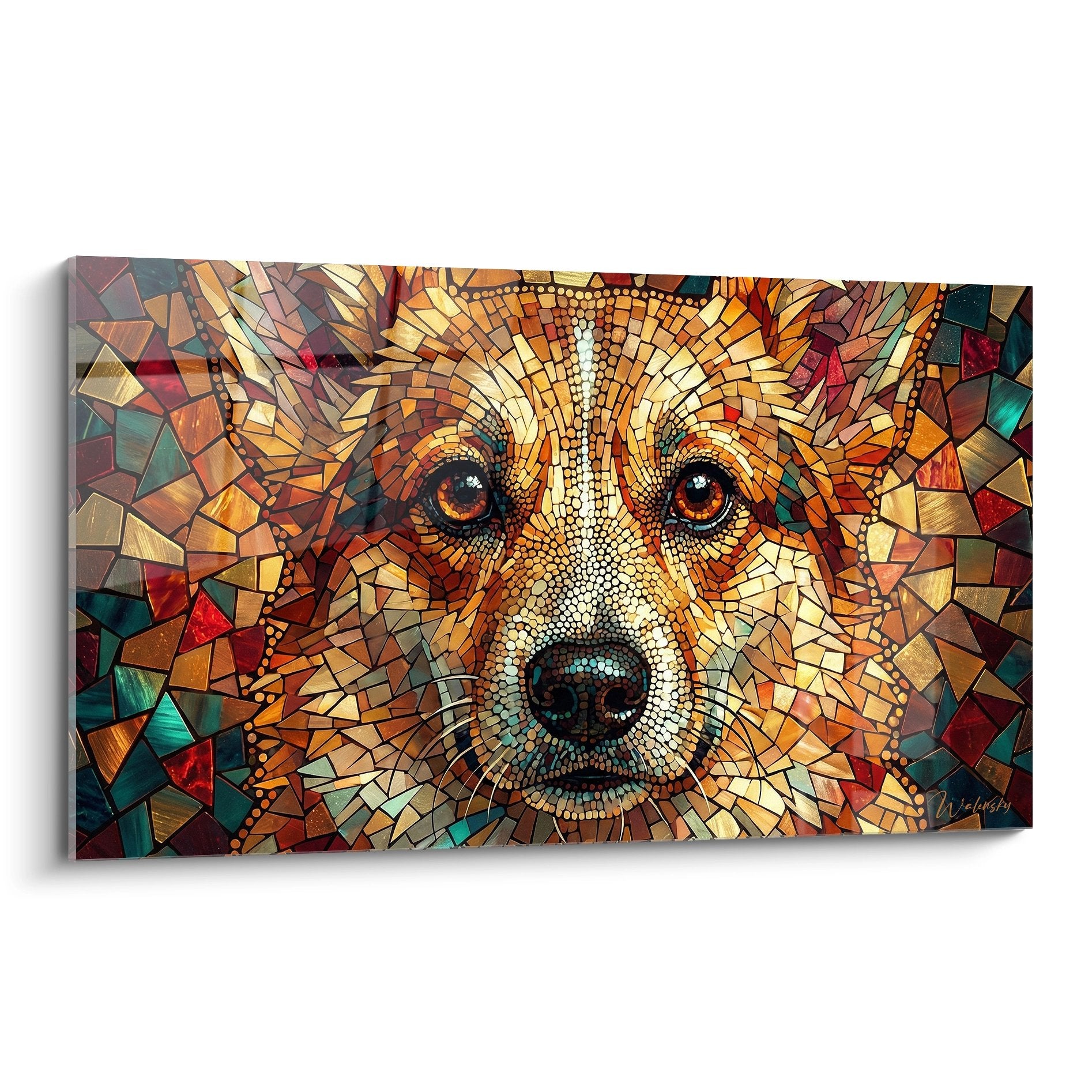 Portrait de Corgi Pembroke en mosaïque dorée aux yeux ambrés sur fond de fragments colorés géométriques