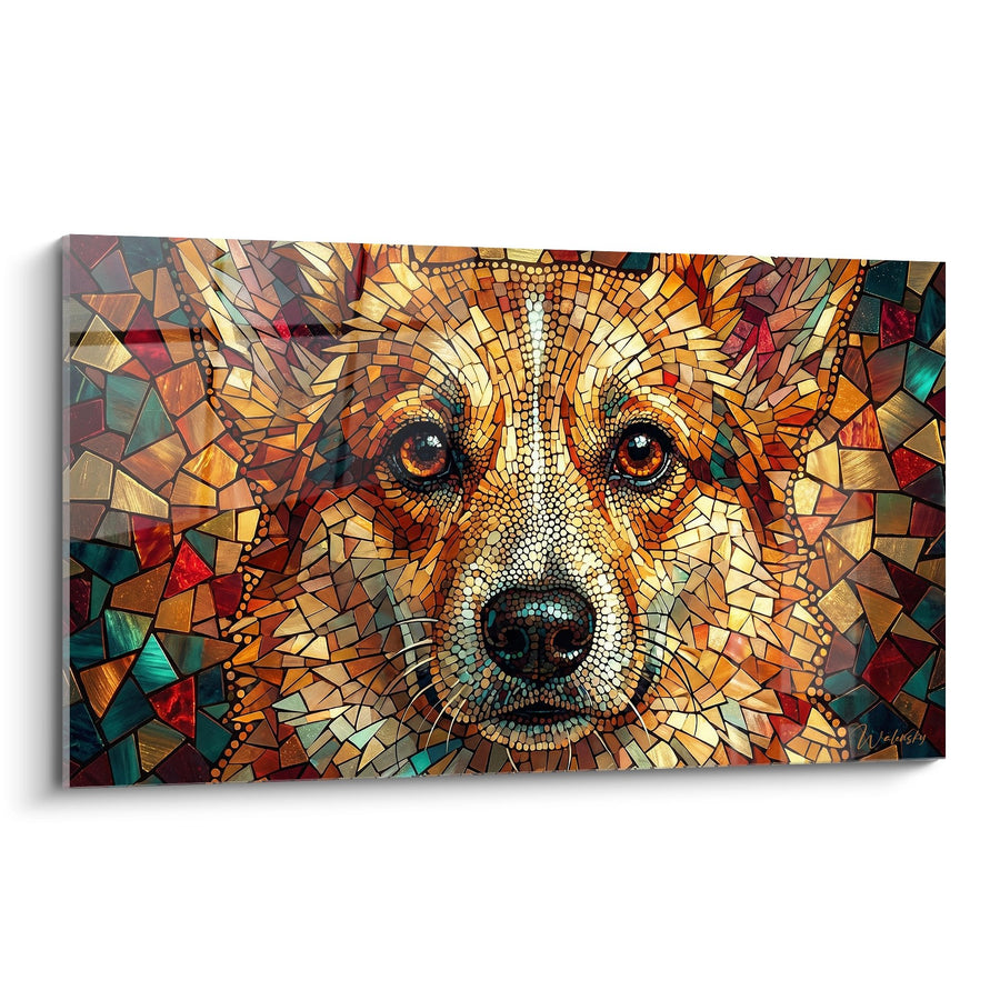 Tableau Portrait de Chien aux Yeux Ambrés en Mosaïque Dorée - Regard Captivant - Edition Corgi Pembroke