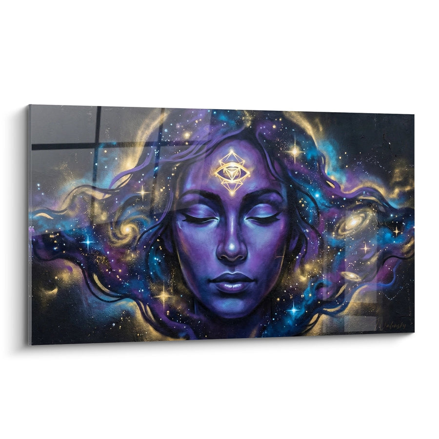 Tableau visage féminin cosmique violet et bleu avec symbole géométrique doré - Déesse galactique - Edition portrait Street art