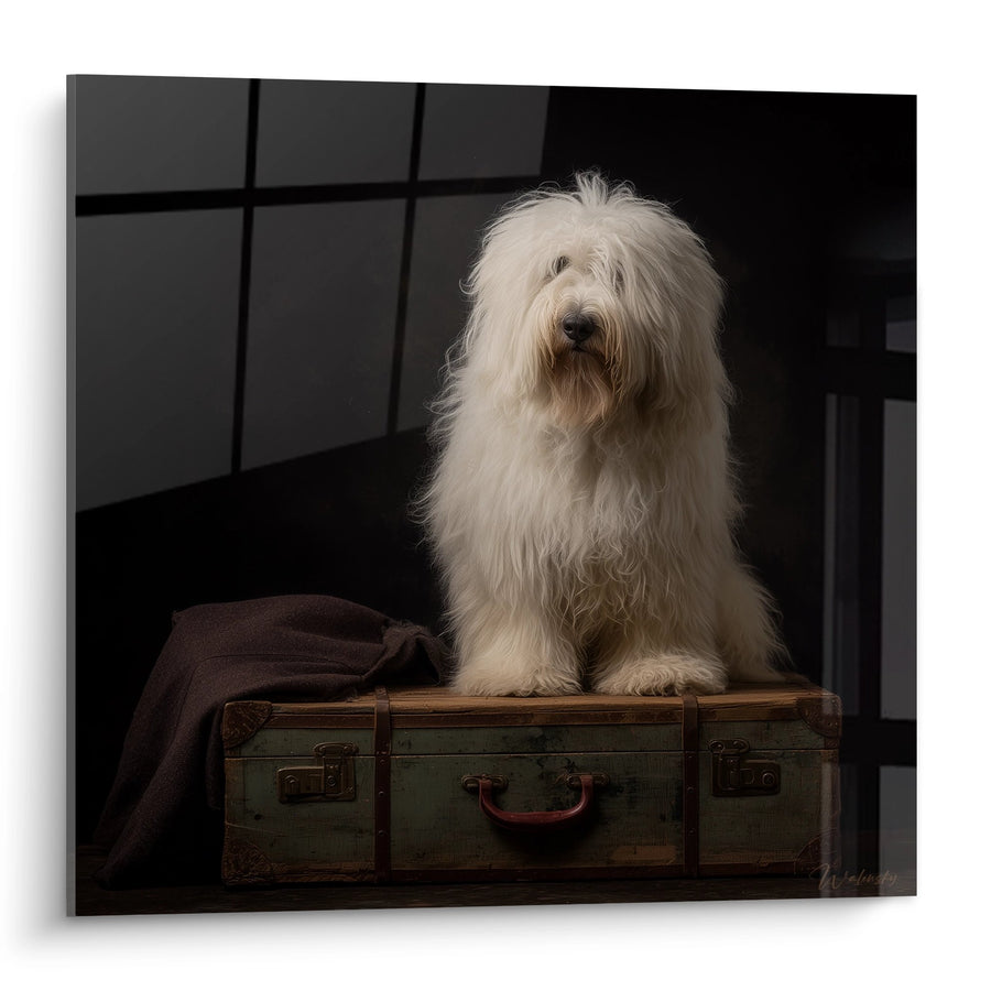 Tableau Chien Blanc Pelage Soyeux sur Valise Ancienne - Portrait Élégant - Edition Coton de Tuléar