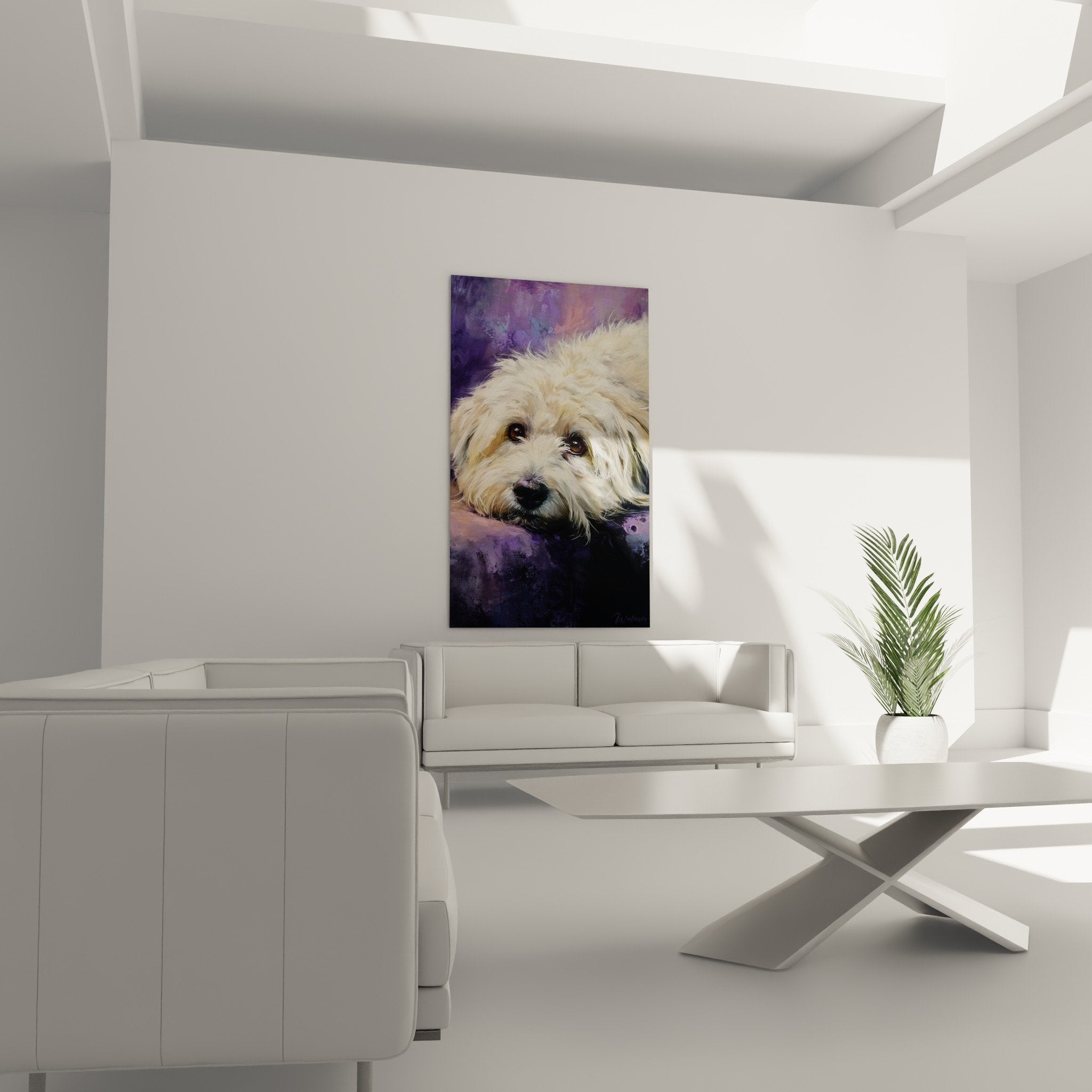 Gros plan portrait Coton de Tulear yeux ambre pelage soyeux peinture artistique violet creme