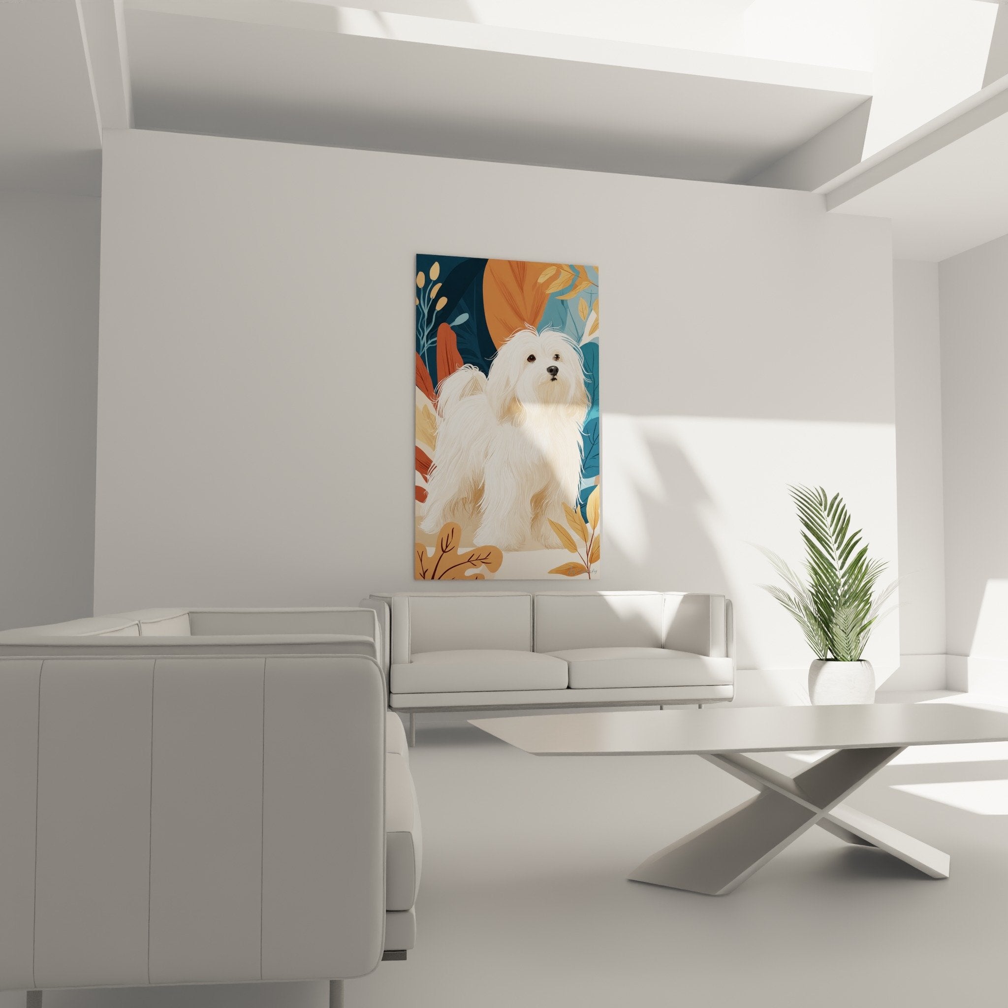 Gros plan portrait Coton de Tulear pelage blanc soyeux avec feuillages stylises orange et bleu en arriere-plan