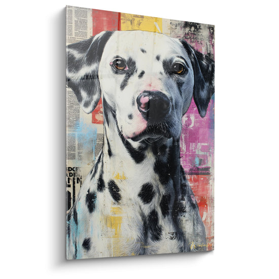 Portrait artistique dalmatien noir et blanc sur fond collage coloré rose jaune rouge style art contemporain