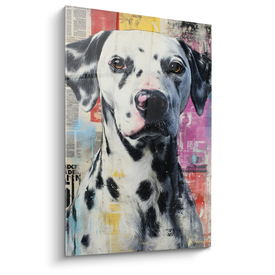 Tableau Dalmatien Noir et Blanc sur Fond Collage Coloré - Portrait Artistique Contemporain - Edition Dalmatien
