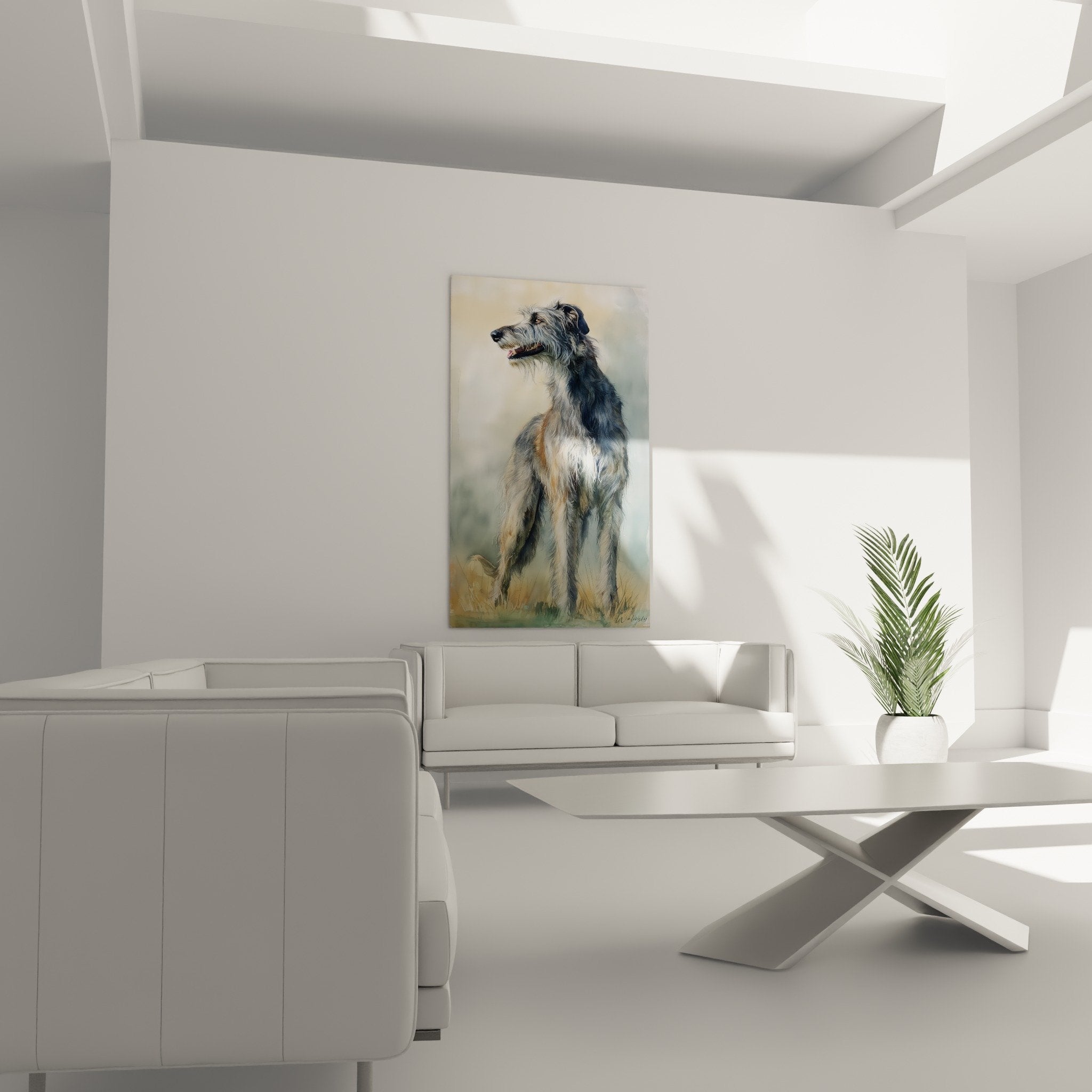 Detailporträt Deerhound silbergraues Fell realistische Textur verlängerter Fang hängende Ohren Tierkun