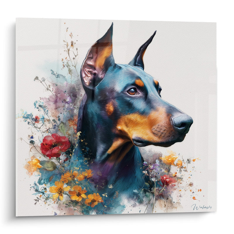 Gemälde Porträt Dobermann Blau mit floralen Akzenten - Intensiver Blick - Dobermann Edition