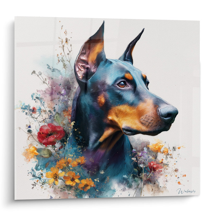 Tableau Portrait de Doberman Bleu aux Touches Florales - Regard Intense - Edition Doberman