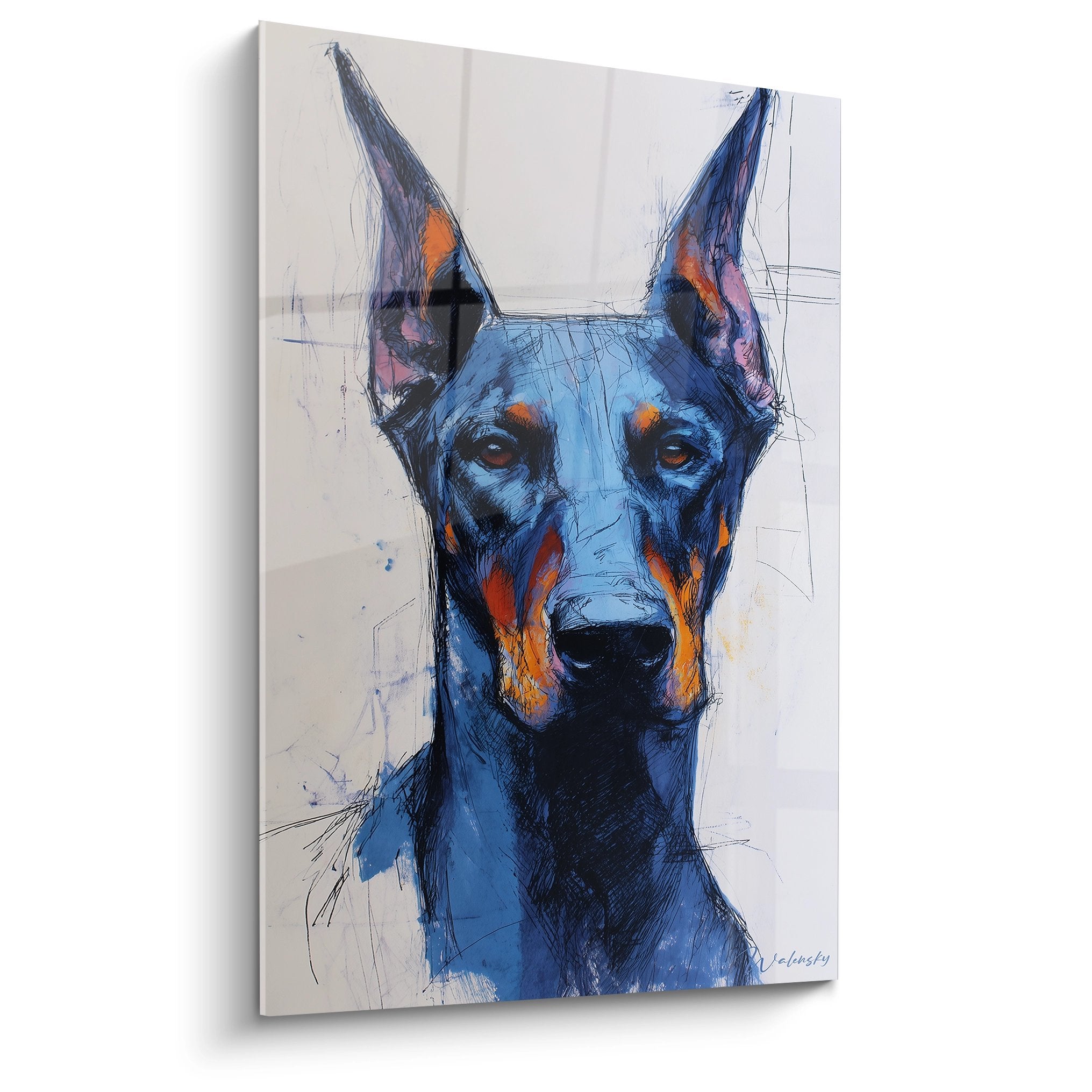 Portrait artistique de Doberman aux tons bleus et orange sur fond blanc, style contemporain expressif