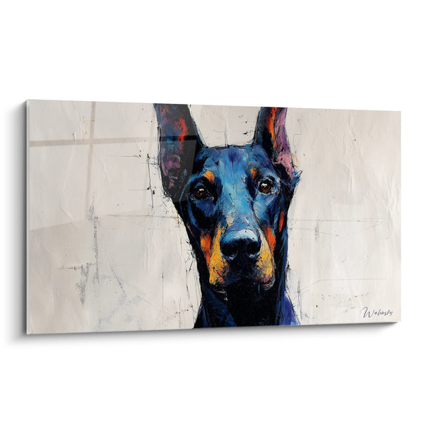 Cuadro Retrato Canino Azul y Naranja Expresión Intensa - Mirada Penetrante - Edición Doberman