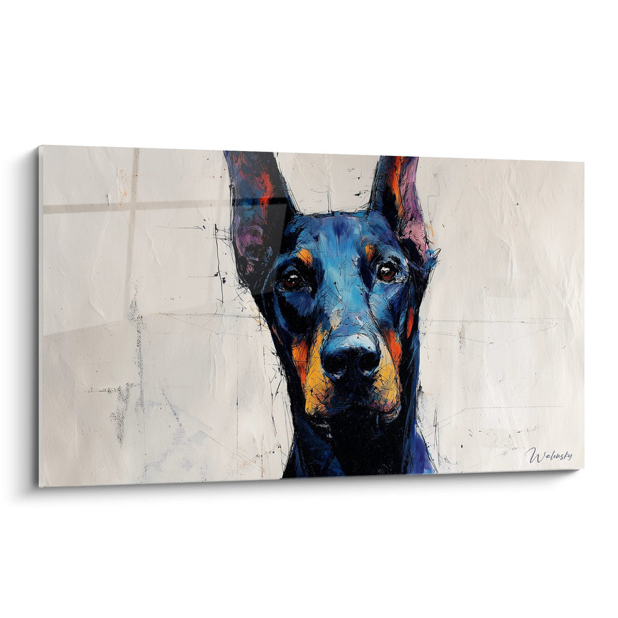 Tableau Portrait Canin Bleu et Orange Expression Intense - Regard Perçant - Edition Doberman