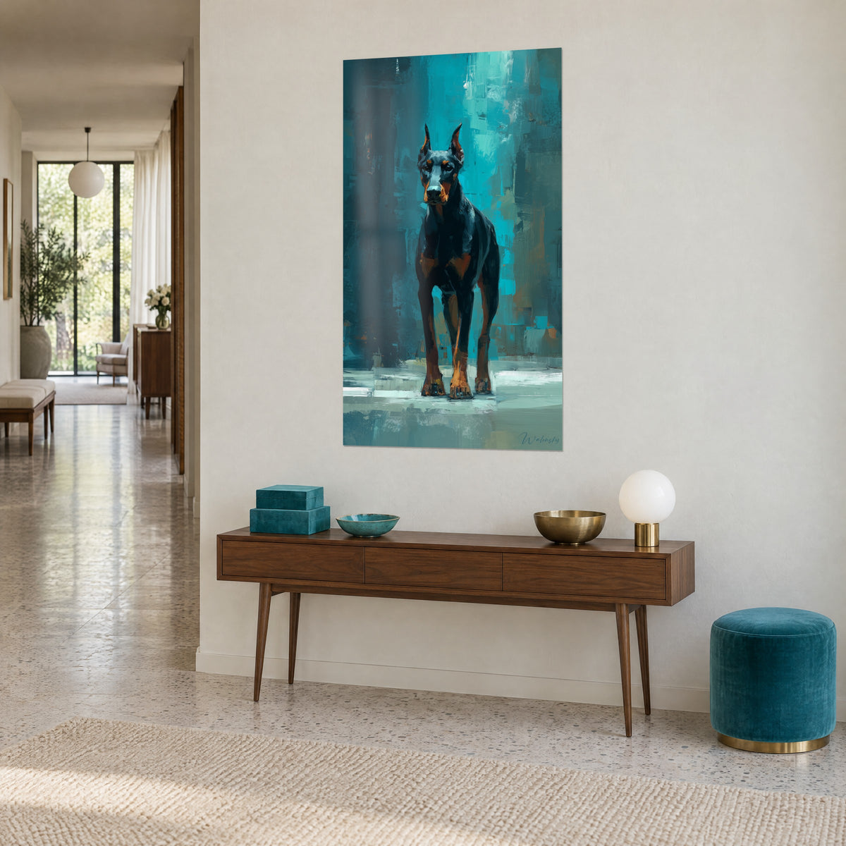 Gemälde Wachhund in Anthrazit und Rostrot, aufgestellte Ohren, cyanblaue und wassergrüne Akzente, an einer beigen Wand neben einer Holzkonsole