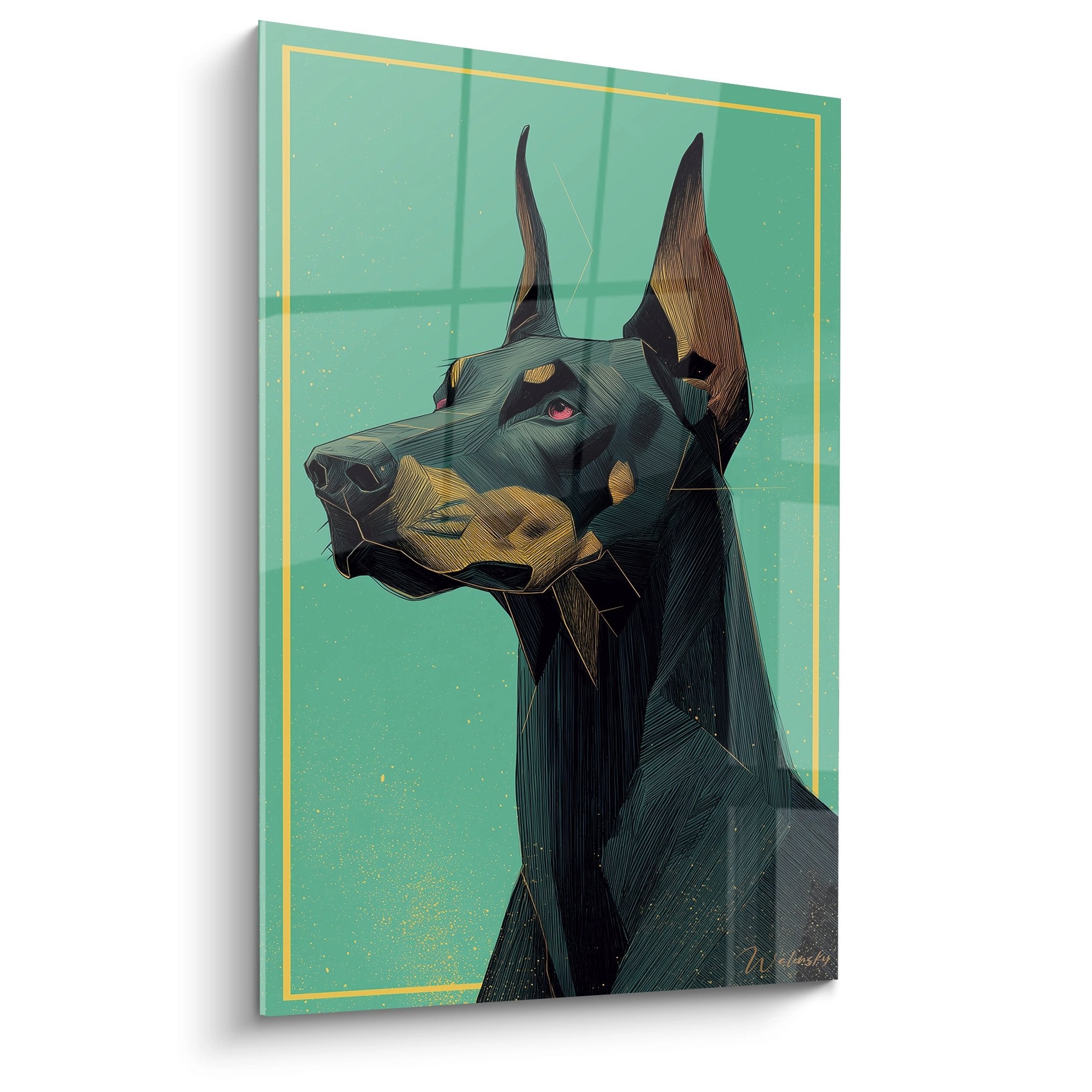 Portrait artistique doberman geometrique tons vert turquoise yeux roses style moderne contemporain