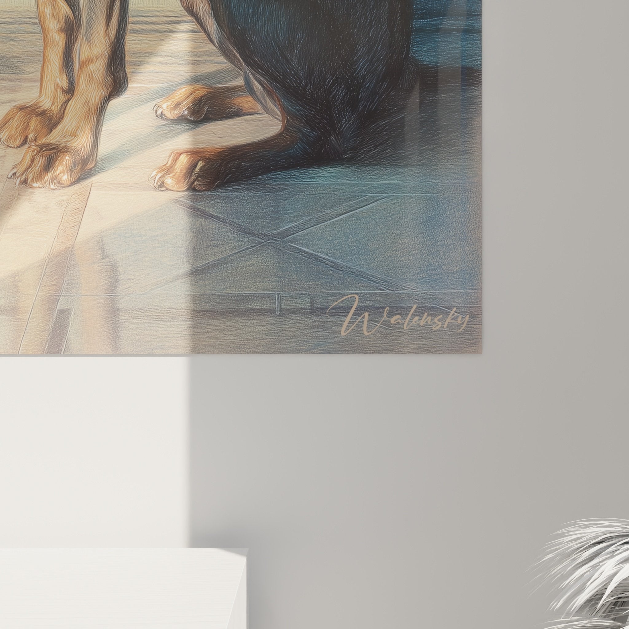 Panoramica del ritratto Doberman in interno contemporaneo con gioco di luci naturali