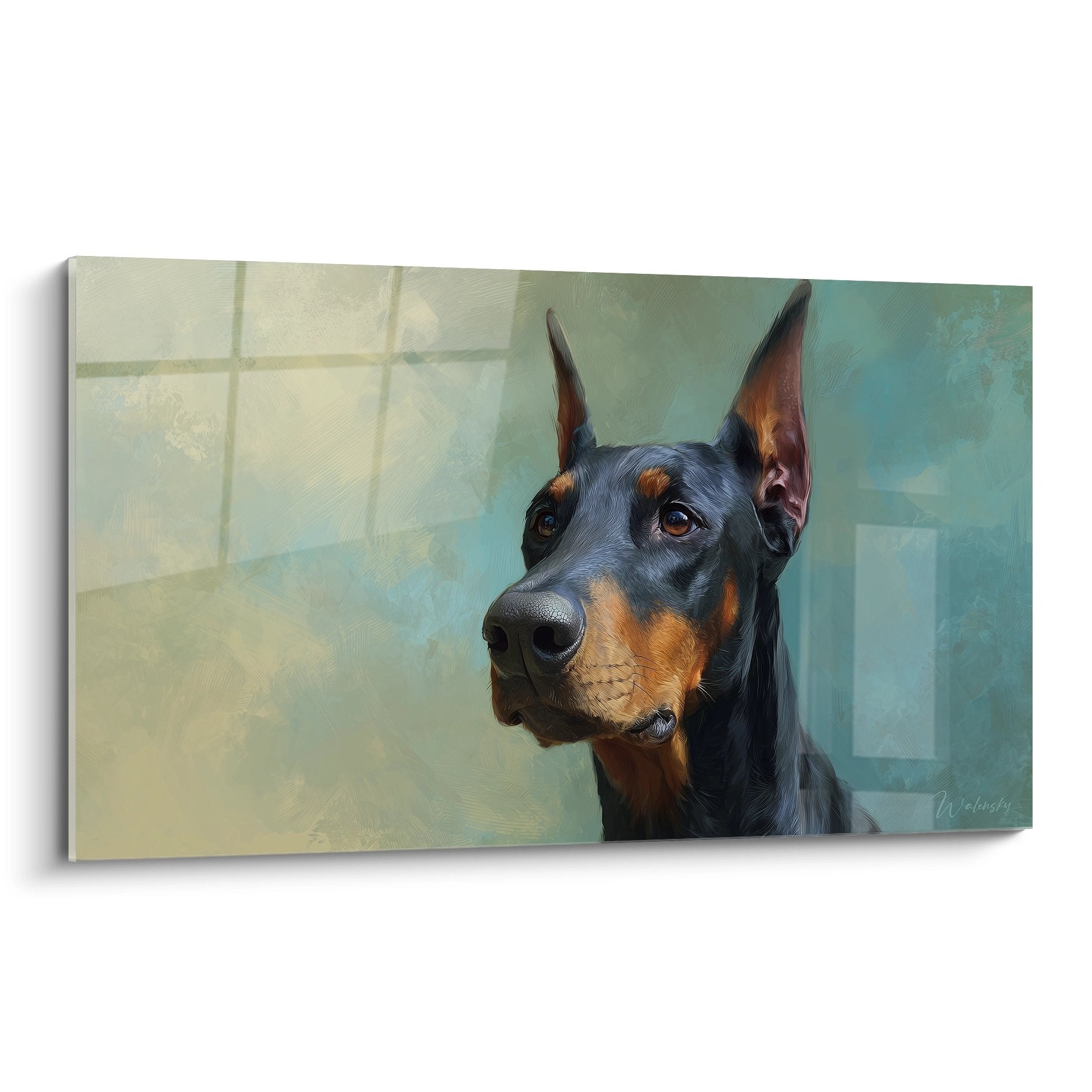 Portrait realiste doberman noir et feu yeux ambres fond fenetre lumiere naturelle peinture murale