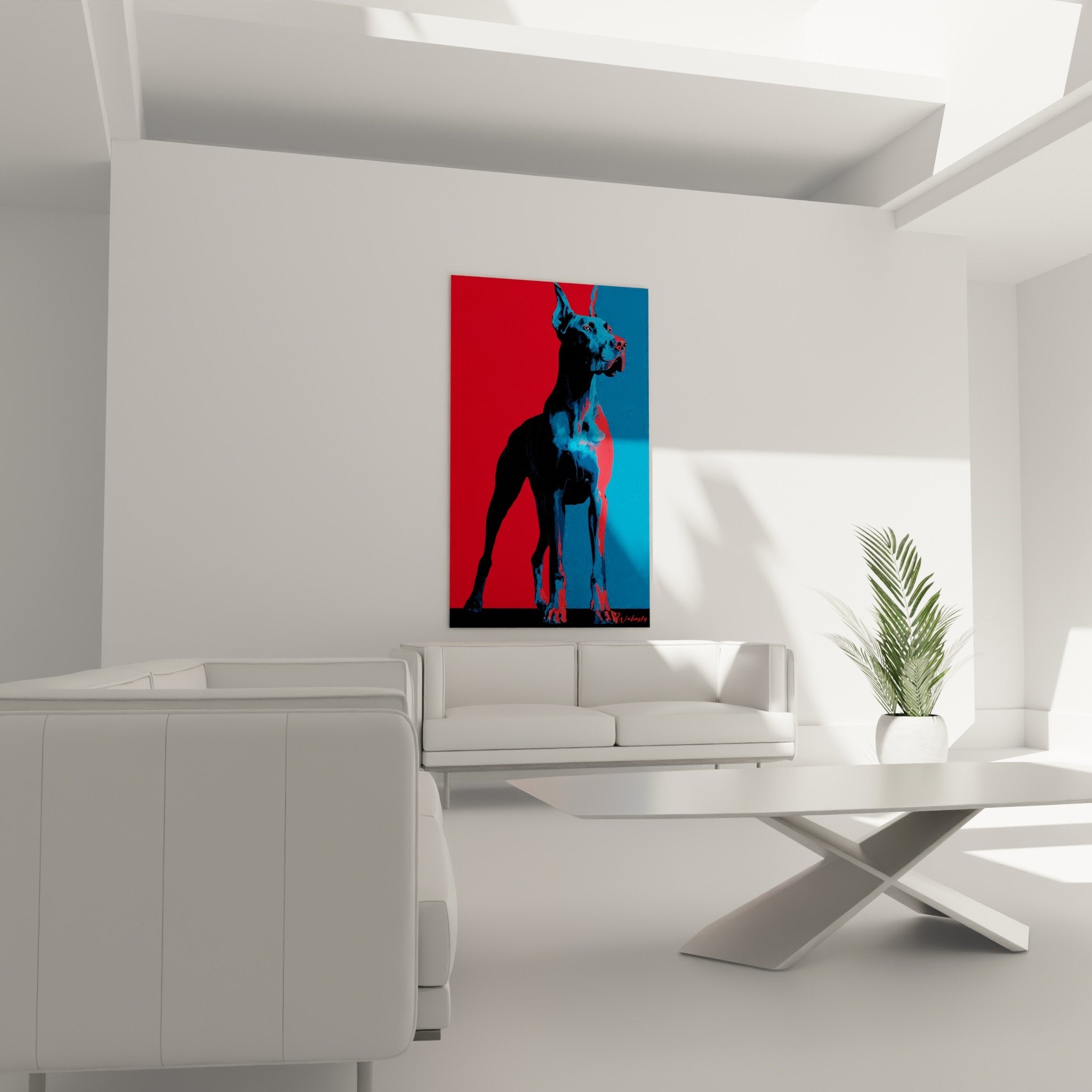 Detailporträt deutscher Dogge elektrisches Blau intensiver Blick moderne Kunst lebendige Farben hoher Kontrast