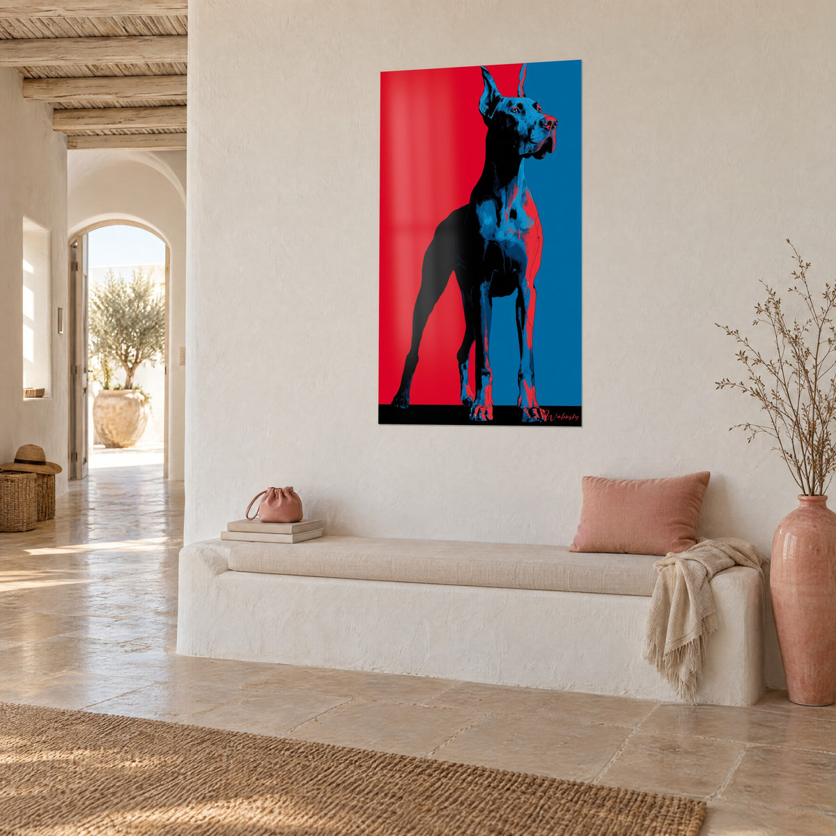 Obraz mastif w stylu pop art, czarna sylwetka z kobaltowymi refleksami, widok trzy czwarte na białej ścianie, gipsowa ławka
