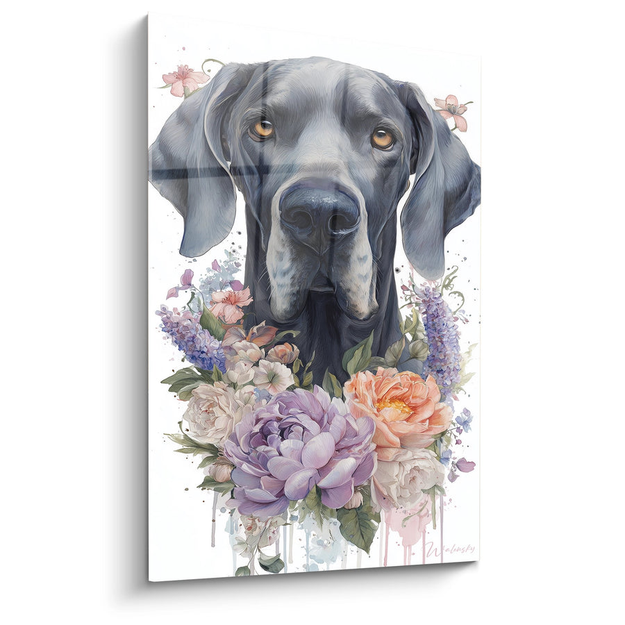 Tableau Dogue Allemand Gris aux Fleurs Pastel - Portrait Fleuri - Edition Dogue Allemand