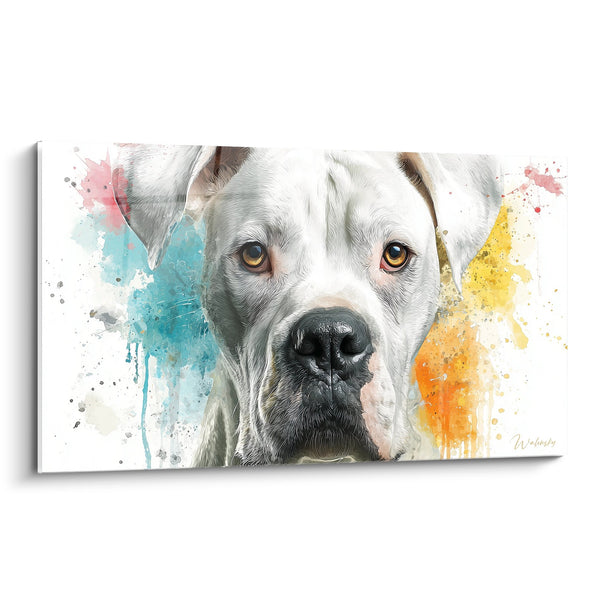 Cuadro Retrato Canino con Salpicaduras de Color - Mirada Penetrante - Edición Dogo Argentino