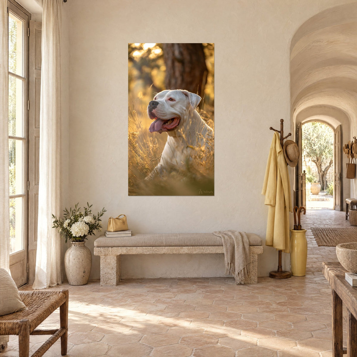 Tableau chien blanc à truffe noire dans les herbes ambrées sous un tronc brun, sur un mur crème, couloir voûté du mas provençal