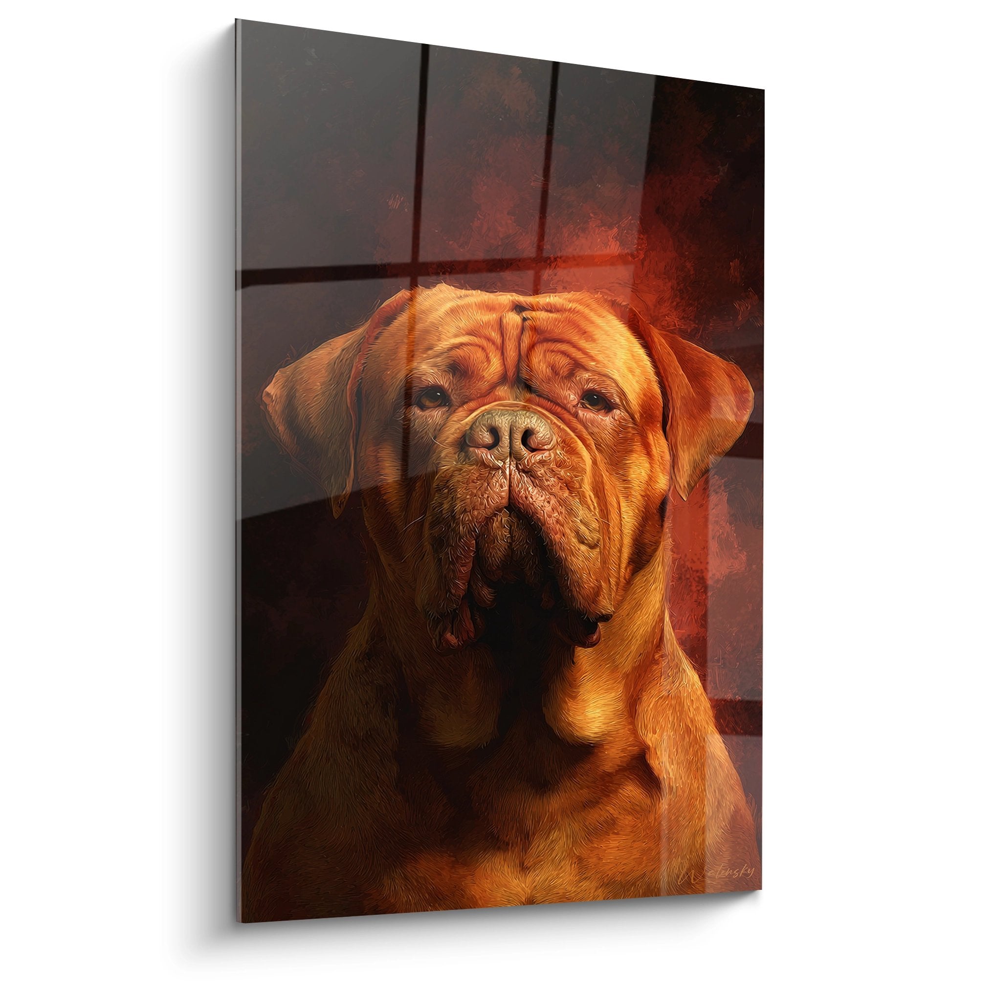 Portrait artistique dogue de bordeaux eclairage dore regard intense tableau mural decoration canine