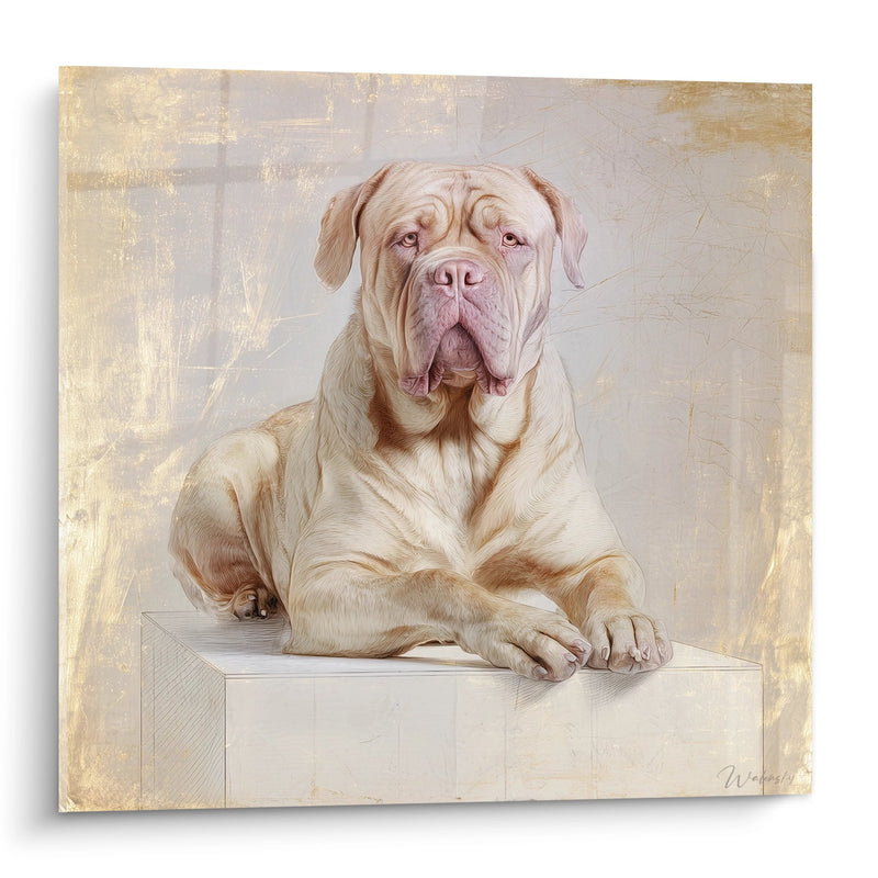 Majestätisches Porträt-Wandbild auf goldenem Sockel - Edle Hundenatur - Bordeaux-Doggen-Edition