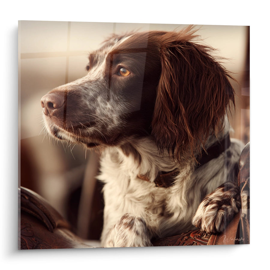 Schilderij van een Bretonse Spaniel met Amberkleurige Ogen in Goud Licht - Contemplatief Portret - Editie Bretonse Spaniel