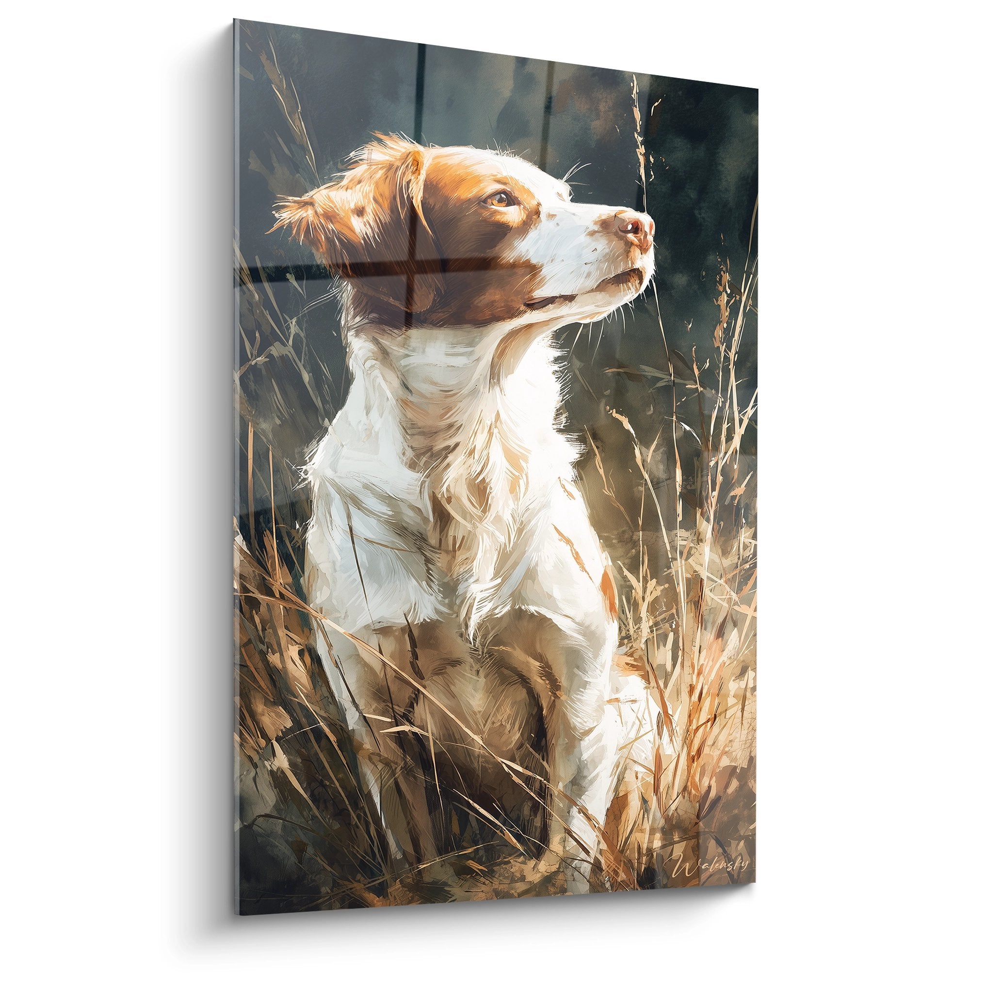 Portrait artistique épagneul breton regard noble hautes herbes dorées tons chauds cuivrés