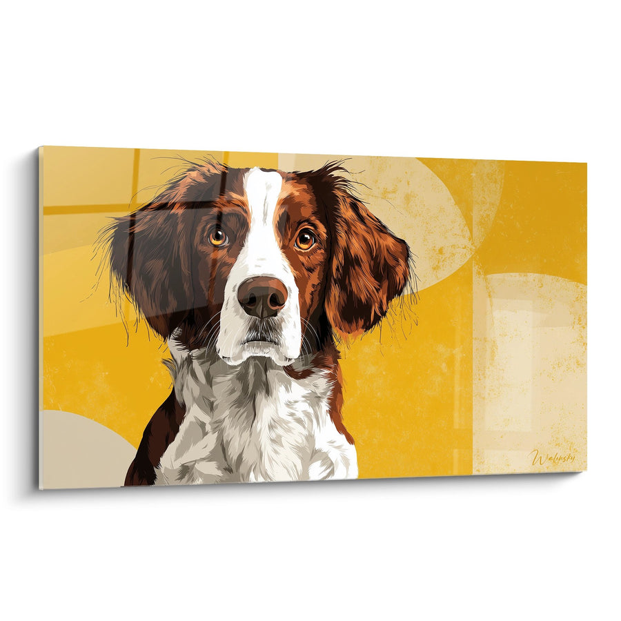 Schilderij Tricolore Hond met Gouden Ogen op Moderne Gele Achtergrond - Portret in de Tijdgeest - Editie Breton Spaniel