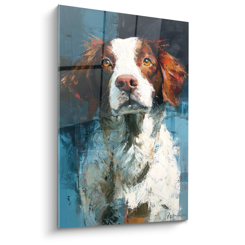 Quadro Spaniel Bretone con Occhi Dorati su Fondo Blu - Ritratto Espressivo - Edizione Spaniel Bretone