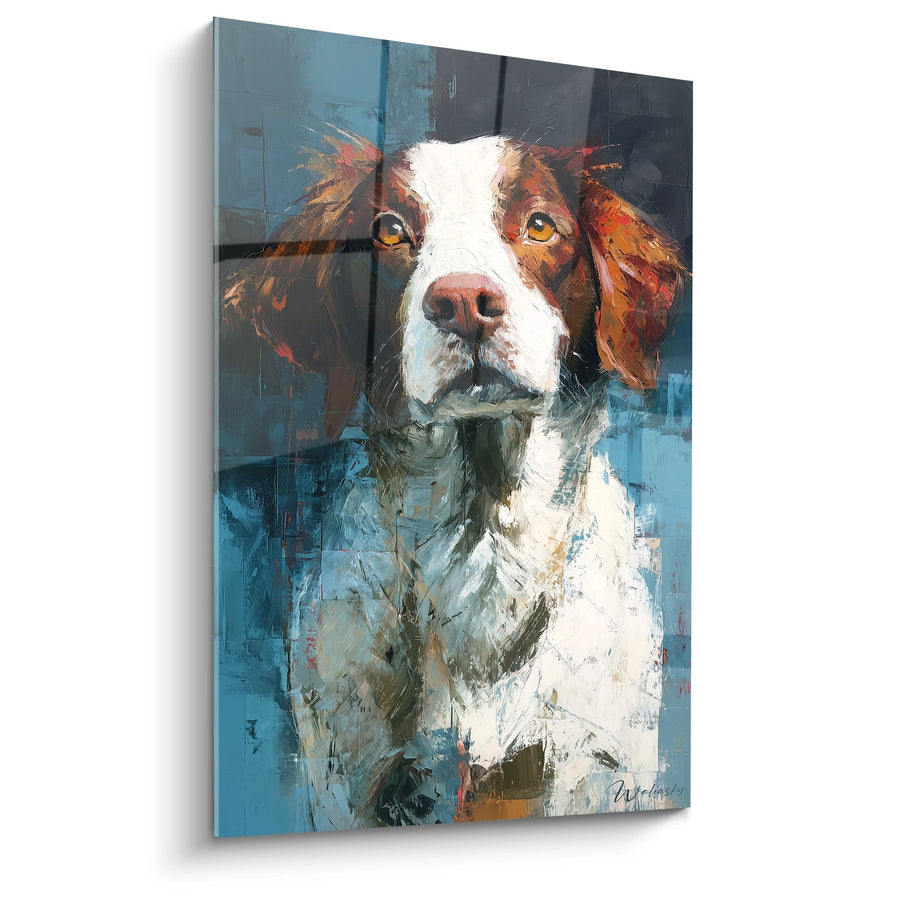 Schilderij van een Bretonse Spaniel met Gouden Ogen op Blauwe Achtergrond - Expressief Portret - Editie Bretonse Spaniel