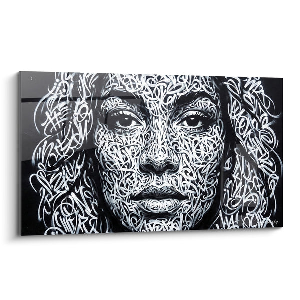 Cuadro Rostro Femenino Blanco y Negro Entrelazados Caligráficos - Identidad Urbana - Edición retrato Street art