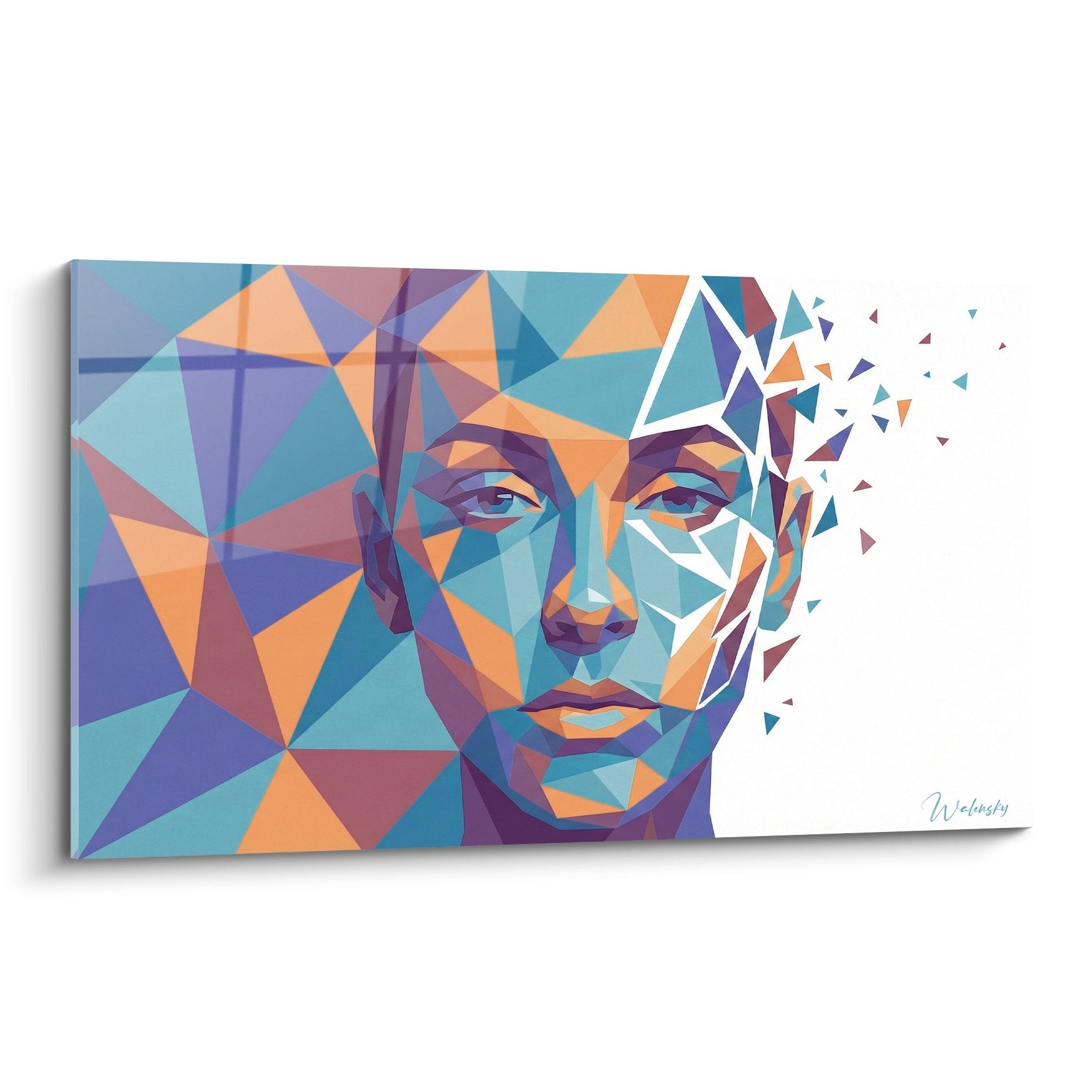 Portrait feminin geometrique bleu turquoise orange triangles fragments dispersion street art moderne polygonal